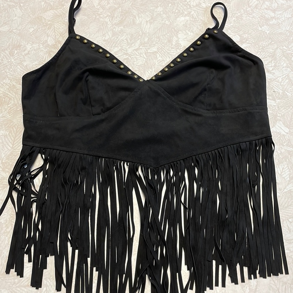SHEIN Plus Studded Detail Fringe Hem Crop Suedette Cami Top
